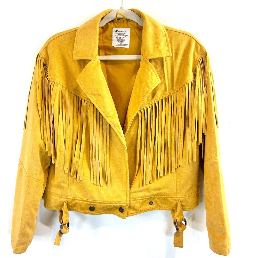 Fornia Fringed Blazer Jacket Women XS Crop Mustard Cowgirl Hippie Western Frayed